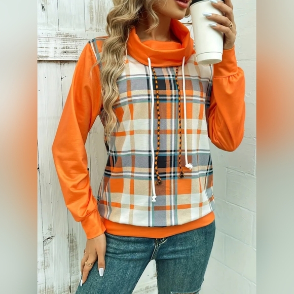 WOMENS COWL NECK PLAID PRINT LONG SLEEVE SWEATSHIRT.  NEW, SIZE SMALL! - Picture 2 of 7